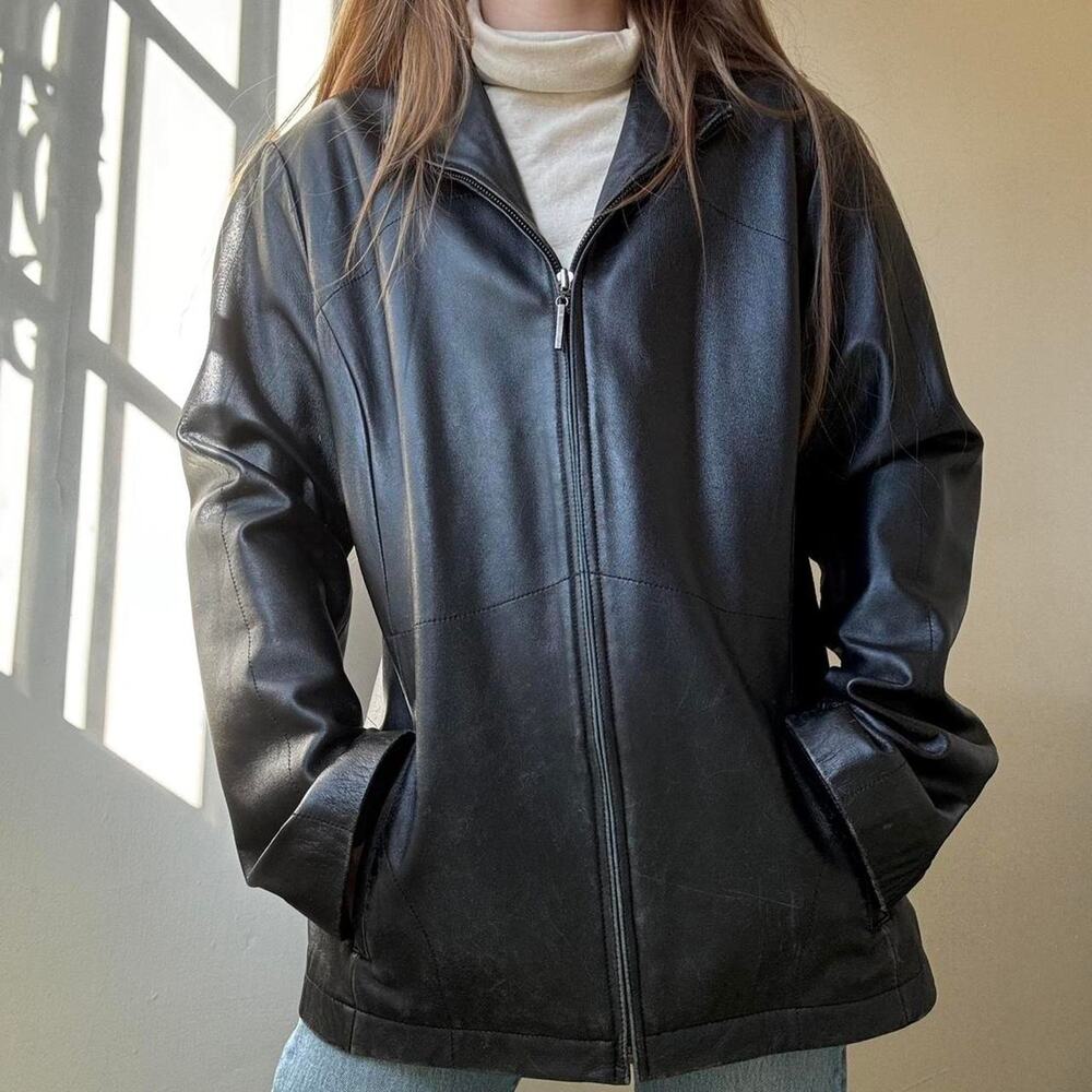 Vintage George Black Leather Mock Neck Zip Jacket Large Y2K Matrix Menswear Fall